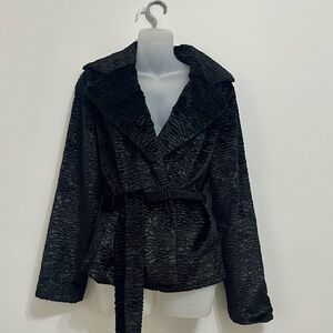 Wrap style belted faux fur jacket